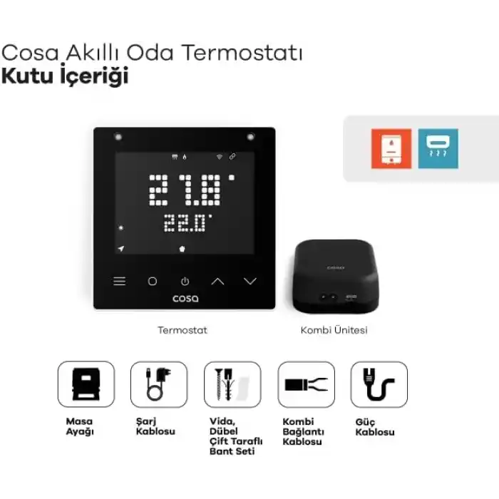 Cosa Akıllı Oda Termostatı v5, Wi-Fi Kablosuz Kombi ve Klima Kontrolü, Beyaz