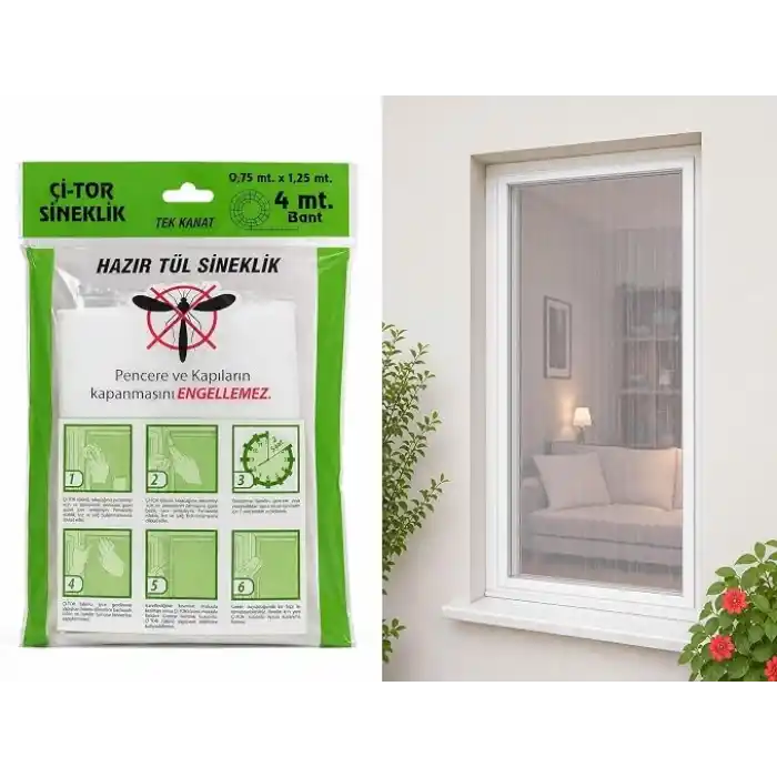 Pratik Sineklik Hazır Tül Sineklik Tek Kanat 75 cm x 125 cm, Kapı ve Pencere Uyumlu Pimapen için Böcek Ve Sinek Engelleyici Tül, 4 metre Yapıştırma Bantlı