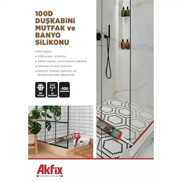 Akfix 100D Duşkabini, Mutfak ve Banyo Silikonu, Şeffaf,%100 Silikon, Hızlı Kuruyan, Küf Tutmaz, Su Geçirmez,Sararma Yapmaz
