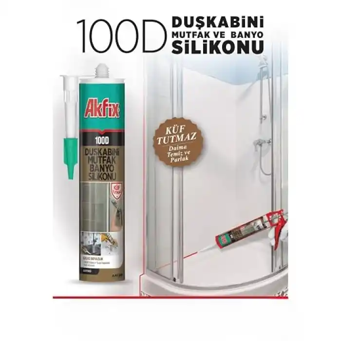 Akfix 100D Duşkabini, Mutfak ve Banyo Silikonu, Şeffaf,%100 Silikon, Hızlı Kuruyan, Küf Tutmaz, Su Geçirmez,Sararma Yapmaz