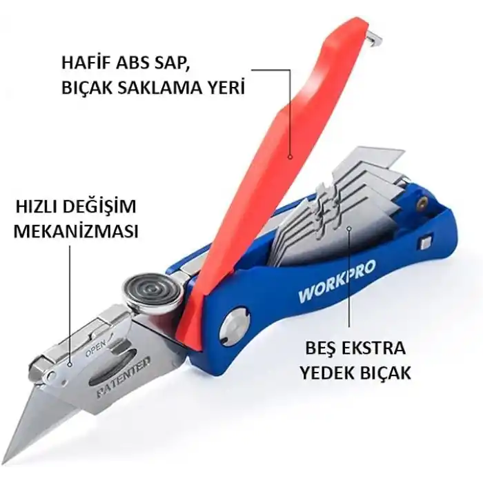 WORKPRO WP211006 Ağır Hizmet Paslanmaz Çelik Gövde Katlanır Rötuş Maket Bıçağı + 6 Adet Yedek Bıçak