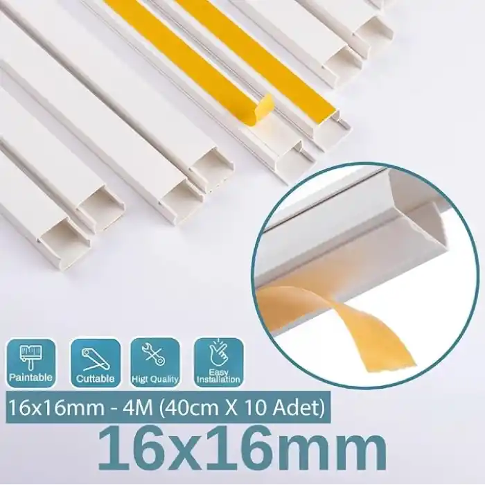 4 Metre (16x16mm) | Kendinden Yapışkanlı Kablo Kanalı | 4m (10 Adet x 40cm) | Kablo Gizleyici