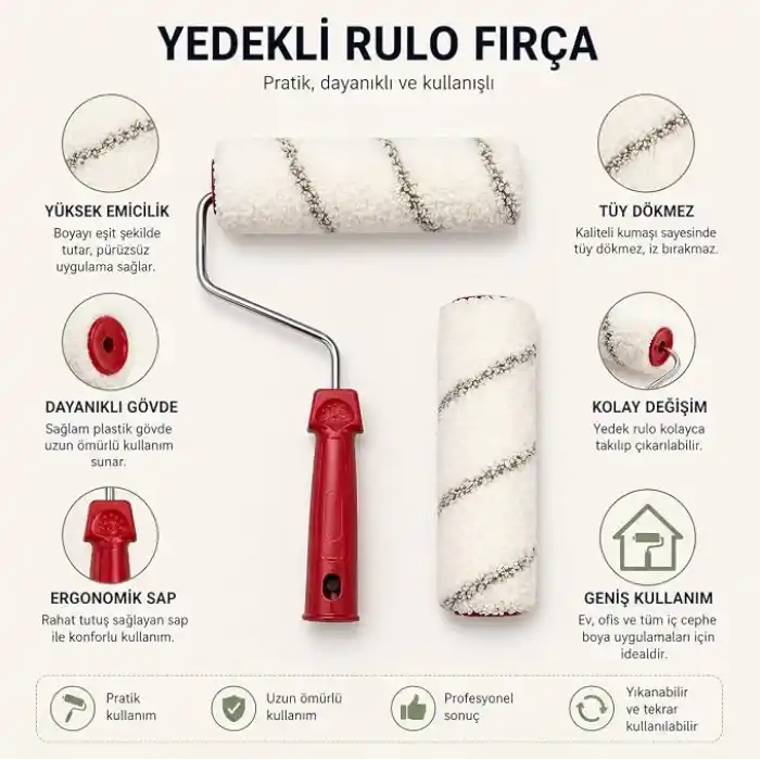 Orret Home 20 cm Boya Rulosu ve Yedek Rulo Seti Profesyonel Boya Badana Rulosu Duvar Boyama Rulosu Tüy Bırakmaz Rulo Fırça Seti (ASORTİ RENK)