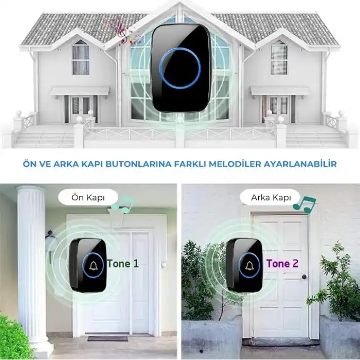 Kablosuz Kapı Zili 2 Buton 1 Alıcı Led Işıklı 300 Metre Mesafe 60 Melodi Ev Ofis Depo