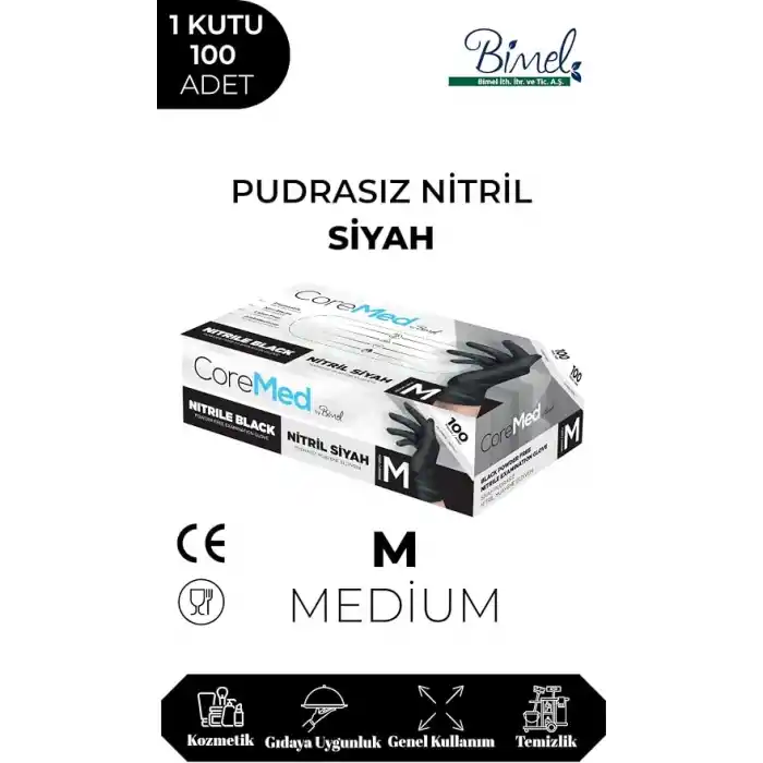 Siyah Nitril Eldiven - Tek Kullanımlık, Pudrasız, Çok Amaçlı, 100lü Kutu - Dayanıklı ve Esnek