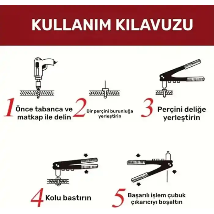 Perçin Tabancası 4 Uçlu Profesyonel Set – 2.4/3.2/4.0/4.8 mm Başlık + 40 Adet Alüminyum Perçin + Anahtar | Metal, Plastik ve Deri Delme & Sabitleme Aracı