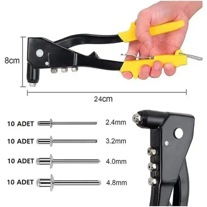 Perçin Tabancası 4 Uçlu Profesyonel Set – 2.4/3.2/4.0/4.8 mm Başlık + 40 Adet Alüminyum Perçin + Anahtar | Metal, Plastik ve Deri Delme & Sabitleme Aracı