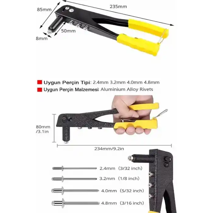 Perçin Tabancası 4 Uçlu Profesyonel Set – 2.4/3.2/4.0/4.8 mm Başlık + 40 Adet Alüminyum Perçin + Anahtar | Metal, Plastik ve Deri Delme & Sabitleme Aracı