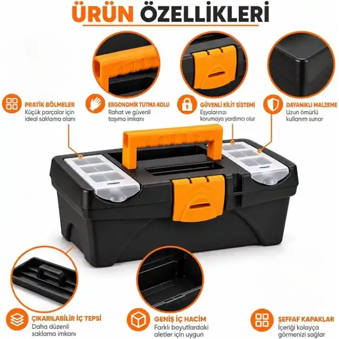 Orret Home 14 İnç Plastik Kilitli Takım Çantası, Tepsili Hırdavat Kutusu, Organizer Bölmeli Alet Çantası ve Takım Sandığı, El Aletleri Vida Somun Düzenleyici Taşıma Kutusu (14)