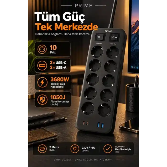 Robeve Fulltech PRIME 10’lu Akım Korumalı Priz 3680W - 1050J Koruma, 2 USB-C + 2 USB-A, 2 Metre Kablolu, 1+1 Bağımsız Aç/Kapa Anahtarlı Çoklu Uzatma Prizi Grup Priz 10lu Priz