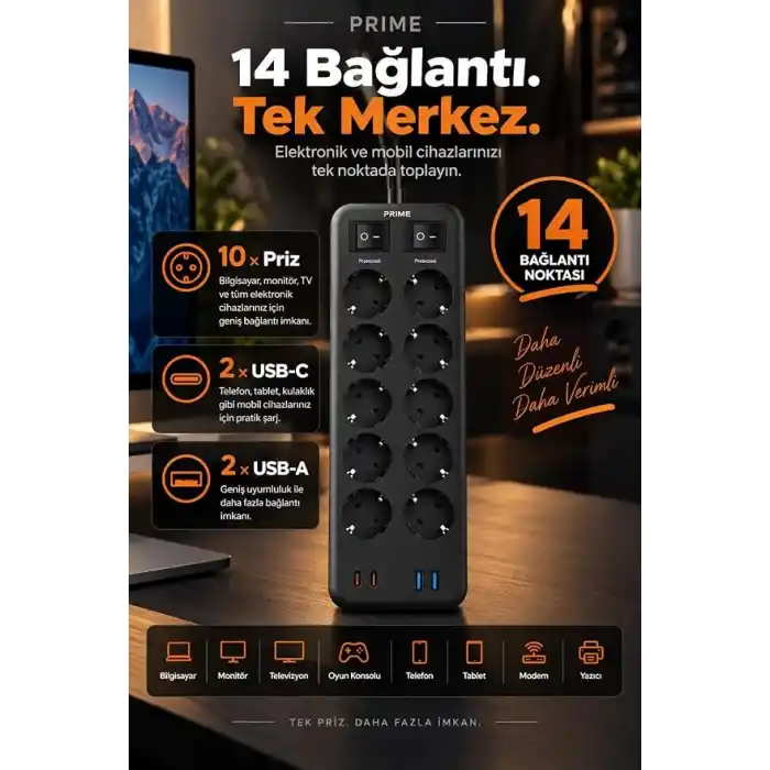 Robeve Fulltech PRIME 10’lu Akım Korumalı Priz 3680W - 1050J Koruma, 2 USB-C + 2 USB-A, 2 Metre Kablolu, 1+1 Bağımsız Aç/Kapa Anahtarlı Çoklu Uzatma Prizi Grup Priz 10lu Priz
