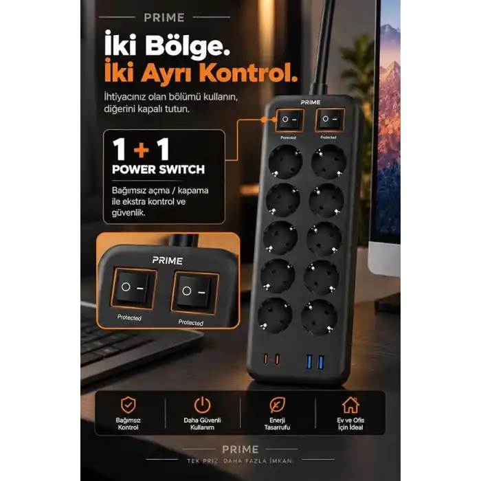 Robeve Fulltech PRIME 10’lu Akım Korumalı Priz 3680W - 1050J Koruma, 2 USB-C + 2 USB-A, 2 Metre Kablolu, 1+1 Bağımsız Aç/Kapa Anahtarlı Çoklu Uzatma Prizi Grup Priz 10lu Priz