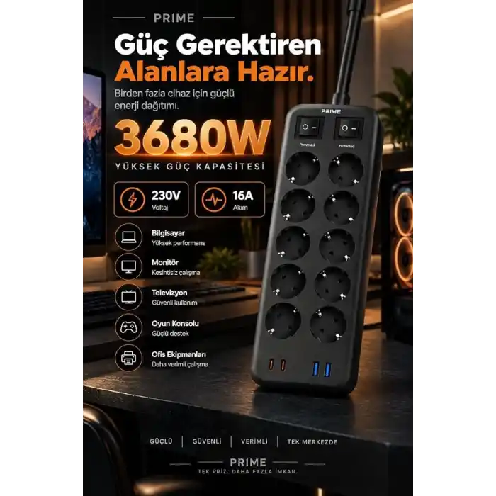 Robeve Fulltech PRIME 10’lu Akım Korumalı Priz 3680W - 1050J Koruma, 2 USB-C + 2 USB-A, 2 Metre Kablolu, 1+1 Bağımsız Aç/Kapa Anahtarlı Çoklu Uzatma Prizi Grup Priz 10lu Priz