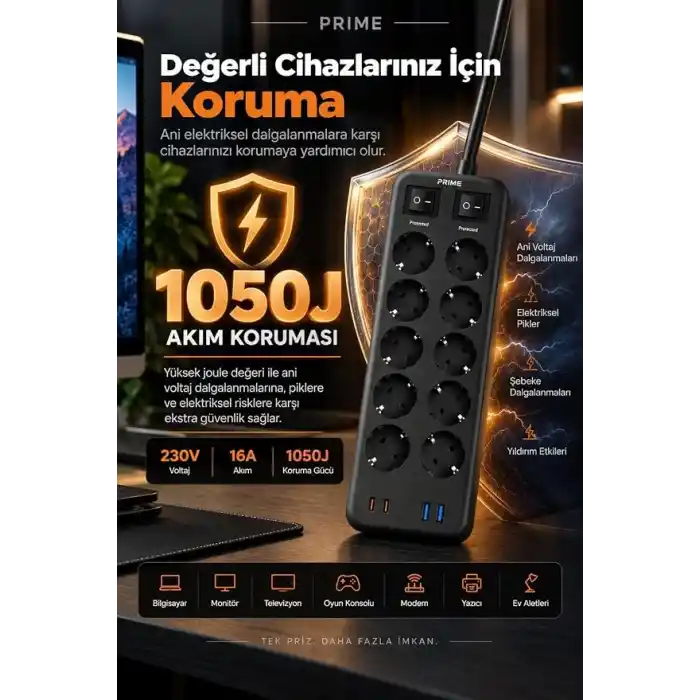 Robeve Fulltech PRIME 10’lu Akım Korumalı Priz 3680W - 1050J Koruma, 2 USB-C + 2 USB-A, 2 Metre Kablolu, 1+1 Bağımsız Aç/Kapa Anahtarlı Çoklu Uzatma Prizi Grup Priz 10lu Priz