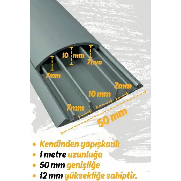 1m Kendinden Yapışkanlı 50x12mm Gri Balık Sırtı Kablo Kanalı (1 Metre)