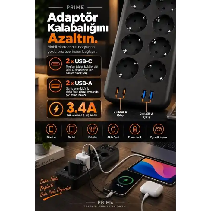 Robeve Fulltech PRIME 10’lu Akım Korumalı Priz 3680W - 1050J Koruma, 2 USB-C + 2 USB-A, 2 Metre Kablolu, 1+1 Bağımsız Aç/Kapa Anahtarlı Çoklu Uzatma Prizi Grup Priz 10lu Priz