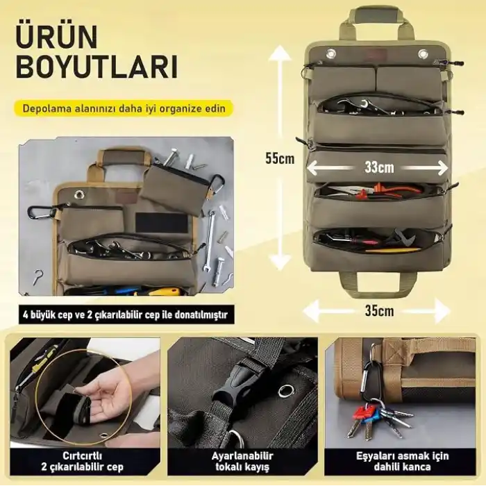 HAEGS Alet Çantası, Ağır Hizmet Tipi Kanvas Rulo Takım Çantası, Katlanabilir Alet Organizer El Çantası, Tamirci Marangoz Teknisyen Hobici Takım Çantası, Alet Takım Anahtar Düzenleyici Çanta Haki