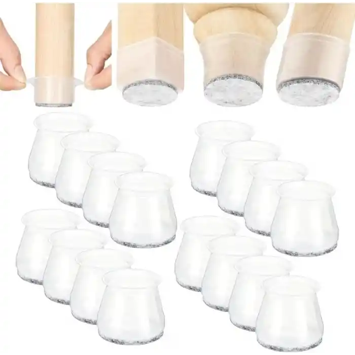 24 Adet Yarı Saydam (3cm–3,5cm) Beyaz Silikon Keçeli Sandalye Ayağı Koruyucu Pabuç Seti