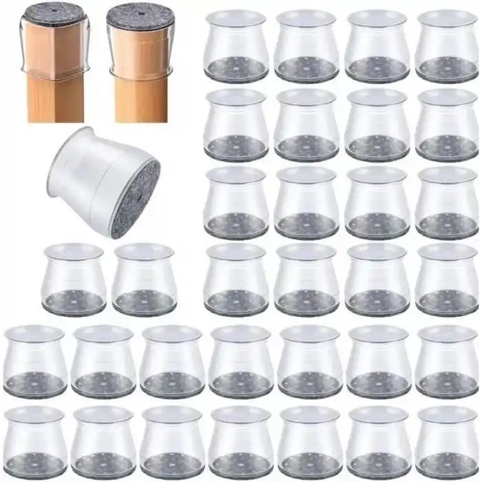24 Adet Yarı Saydam (3cm–3,5cm) Beyaz Silikon Keçeli Sandalye Ayağı Koruyucu Pabuç Seti