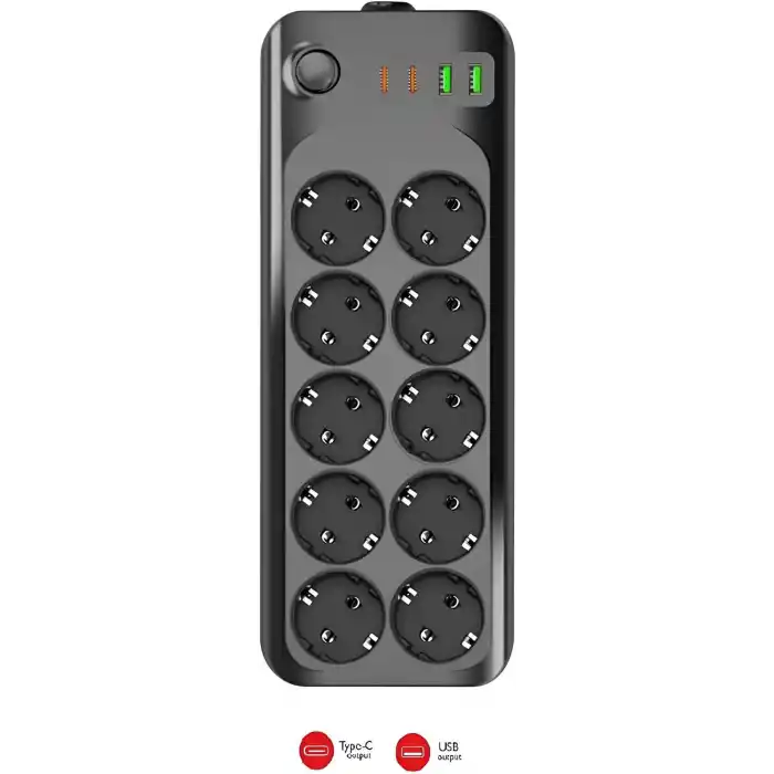 MOBEE Termal Akım Korumalı Grup Priz USB & Type-C 2.1A Şarj Çıkışlı 10’lu Uzaatma Kablo 10A 2500W 2 Metre 3423