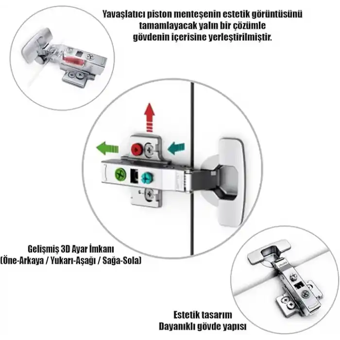 Samet 1 ÇİFT Master Frenli Dolap Kapak Menteşesi Pistonlu Düz Tas Menteşe
