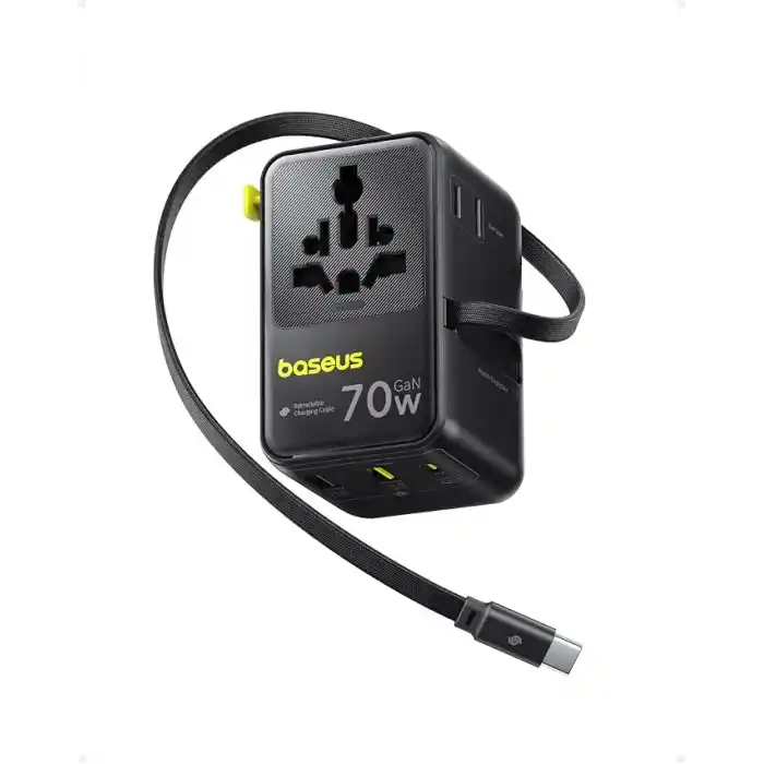 Baseus Enercore Evrensel Priz Adaptörü 70W Geri Çekilebilir Kablolu, 2 AC Prizi + 2USB-A + 1USB-C ile Uluslararası Seyahat Şarj Cihazı, ABD, İngiltere, Çin, Japonya, Tayland ile Uyumlu