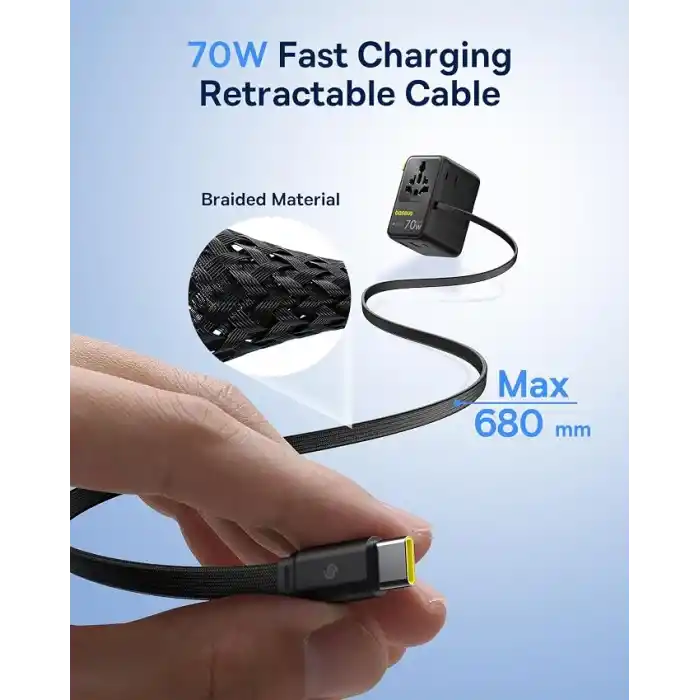 Baseus Enercore Evrensel Priz Adaptörü 70W Geri Çekilebilir Kablolu, 2 AC Prizi + 2USB-A + 1USB-C ile Uluslararası Seyahat Şarj Cihazı, ABD, İngiltere, Çin, Japonya, Tayland ile Uyumlu