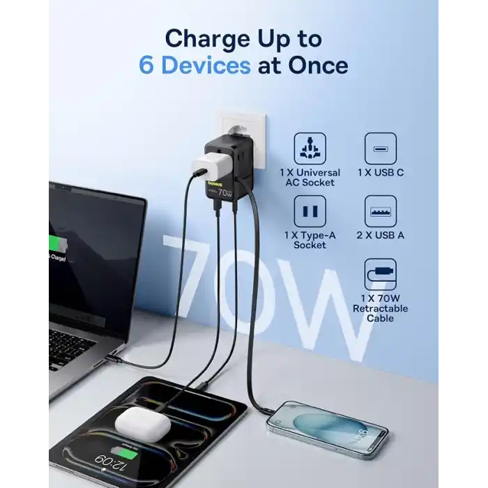 Baseus Enercore Evrensel Priz Adaptörü 70W Geri Çekilebilir Kablolu, 2 AC Prizi + 2USB-A + 1USB-C ile Uluslararası Seyahat Şarj Cihazı, ABD, İngiltere, Çin, Japonya, Tayland ile Uyumlu