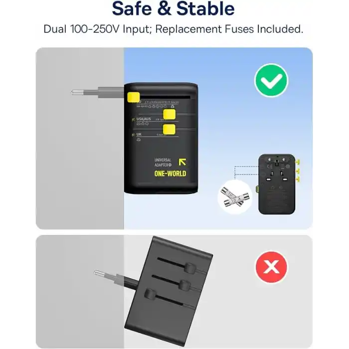 Baseus Enercore Evrensel Priz Adaptörü 70W Geri Çekilebilir Kablolu, 2 AC Prizi + 2USB-A + 1USB-C ile Uluslararası Seyahat Şarj Cihazı, ABD, İngiltere, Çin, Japonya, Tayland ile Uyumlu