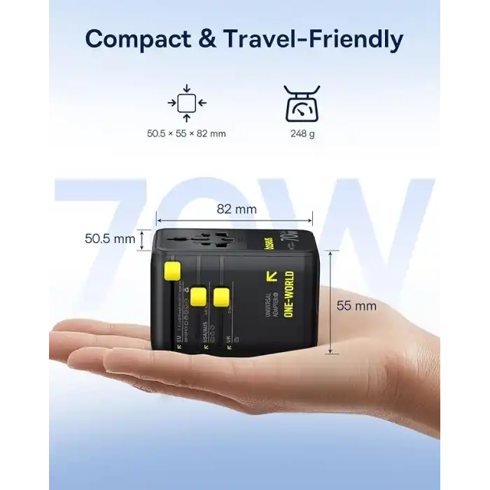 Baseus Enercore Evrensel Priz Adaptörü 70W Geri Çekilebilir Kablolu, 2 AC Prizi + 2USB-A + 1USB-C ile Uluslararası Seyahat Şarj Cihazı, ABD, İngiltere, Çin, Japonya, Tayland ile Uyumlu