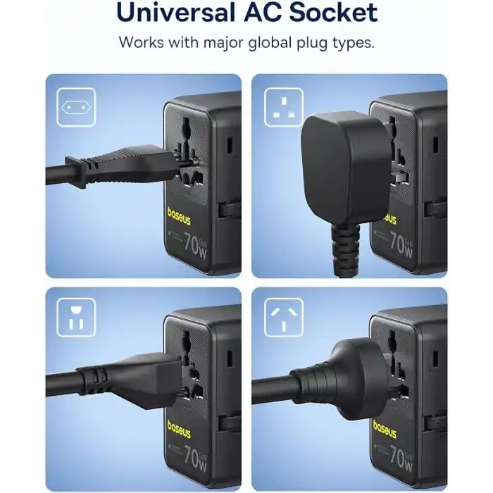 Baseus Enercore Evrensel Priz Adaptörü 70W Geri Çekilebilir Kablolu, 2 AC Prizi + 2USB-A + 1USB-C ile Uluslararası Seyahat Şarj Cihazı, ABD, İngiltere, Çin, Japonya, Tayland ile Uyumlu
