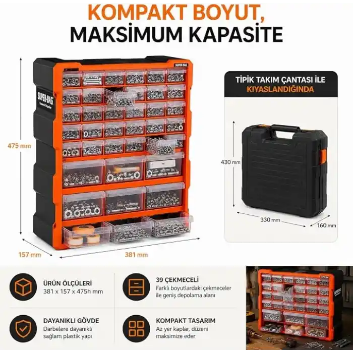 Süper Bag 39lu Mono Blok Çekmece Seti Büyük Boy Hobby Organizer Seti Vida Dübel Kutusu Takı Kutusu ASR6001