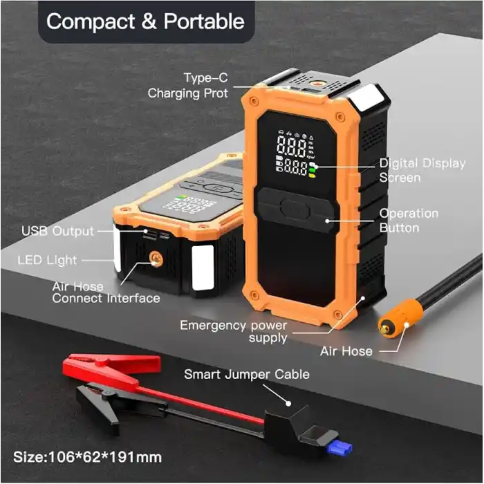 ENSHALL 24.000mAh Şarjlı Akü Takviye Cihazı Çantalı 2000A Tepe Akımlı Oto Hava Kompresör Powerbank