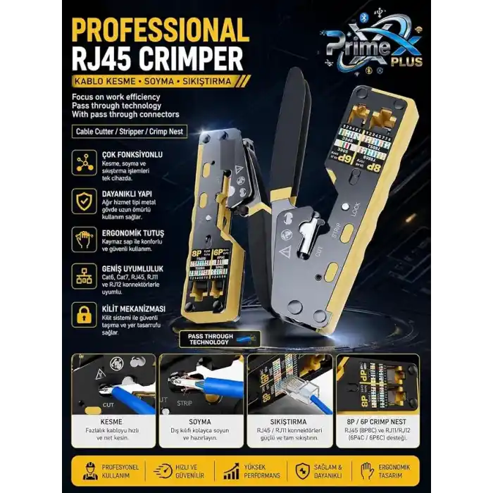 PrimeX PX-8070Y Yeni Nesil EZ RJ45 Pense, Cat6 Cat7 RJ45/RJ11 Network Kablo Sıkma Pensesi, Bıçaklı Profesyonel Ethernet Pense, Modüler Jack Crimp Aracı
