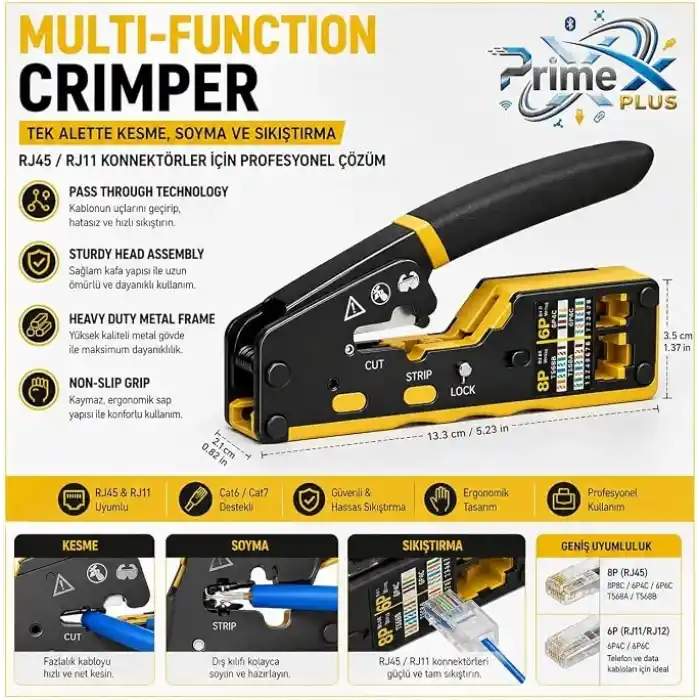 PrimeX PX-8070Y Yeni Nesil EZ RJ45 Pense, Cat6 Cat7 RJ45/RJ11 Network Kablo Sıkma Pensesi, Bıçaklı Profesyonel Ethernet Pense, Modüler Jack Crimp Aracı