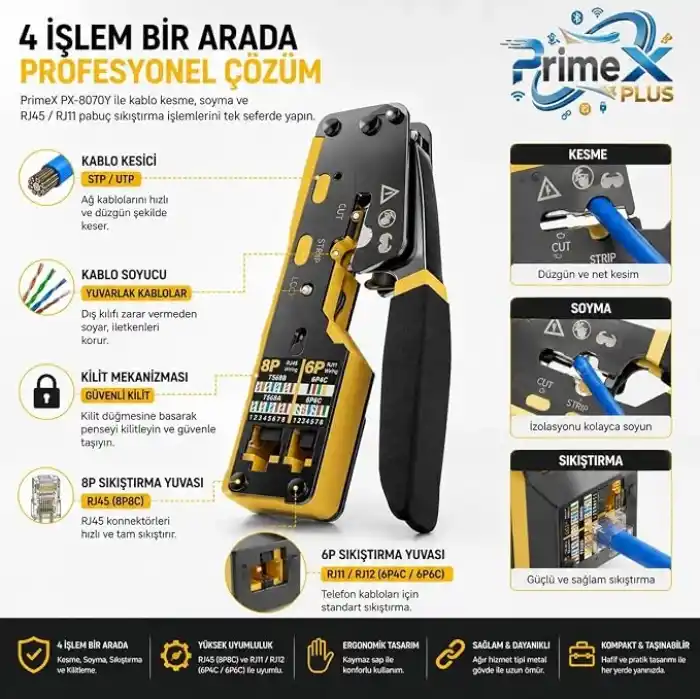 PrimeX PX-8070Y Yeni Nesil EZ RJ45 Pense, Cat6 Cat7 RJ45/RJ11 Network Kablo Sıkma Pensesi, Bıçaklı Profesyonel Ethernet Pense, Modüler Jack Crimp Aracı