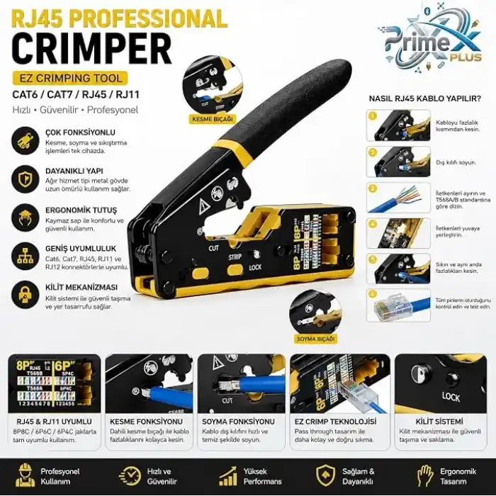 PrimeX PX-8070Y Yeni Nesil EZ RJ45 Pense, Cat6 Cat7 RJ45/RJ11 Network Kablo Sıkma Pensesi, Bıçaklı Profesyonel Ethernet Pense, Modüler Jack Crimp Aracı