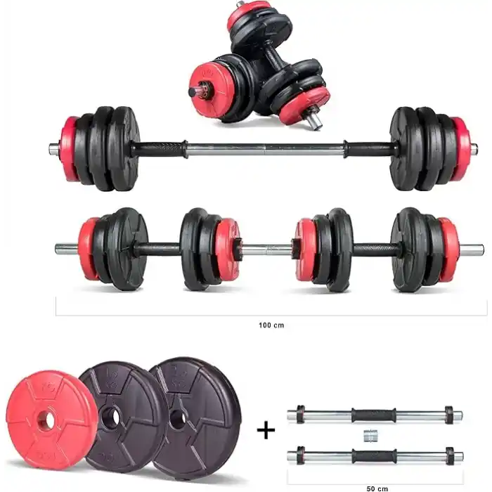 Ecgspor 22 KG Multifonksiyonel Kırmızı Siyah Halter Seti ve Dambıl Seti