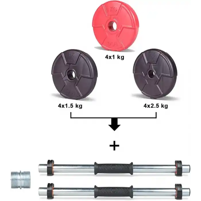 Ecgspor 22 KG Multifonksiyonel Kırmızı Siyah Halter Seti ve Dambıl Seti