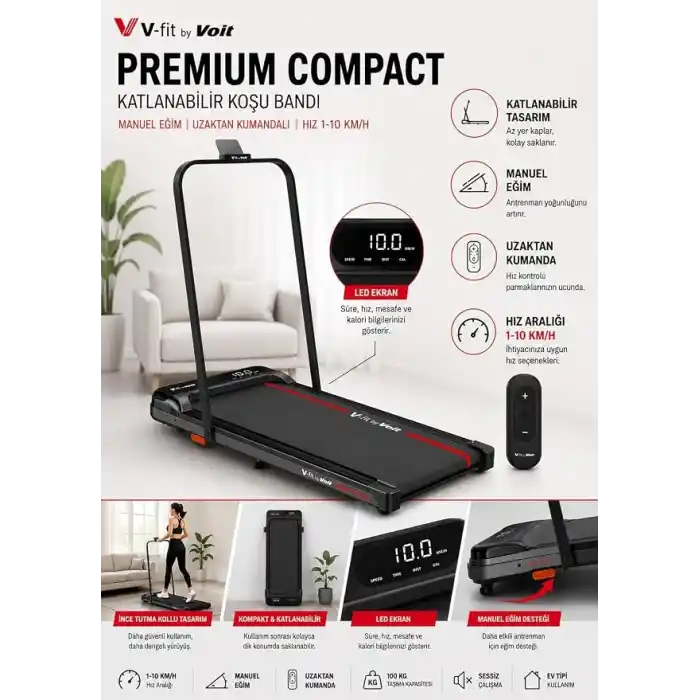 V-Fit By Voit Premium Compact Katlanabilir Koşu Bandı – Manuel Eğimli & Uzaktan Kumandalı