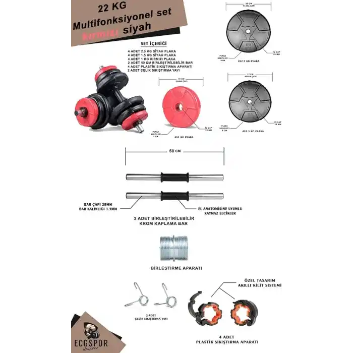 Ecgspor 22 KG Multifonksiyonel Kırmızı Siyah Halter Seti ve Dambıl Seti