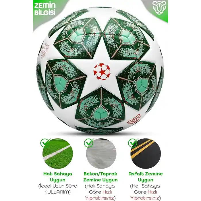 TELVESSE Profesyonel Futbol Topu 2025 Şampiyonlar Ligi Pompalı Sert Zemin Halı Saha Futbol Topu No5 Yeşil 555