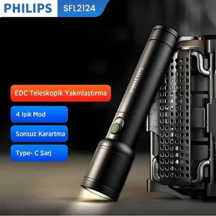 Philips SFL2124 250 Lümen 5W Led El Feneri Teleskopik Zoom Sos Modlu Metal Gövdeli Şarj Edilebilir Uzun Menzilli Flashlight