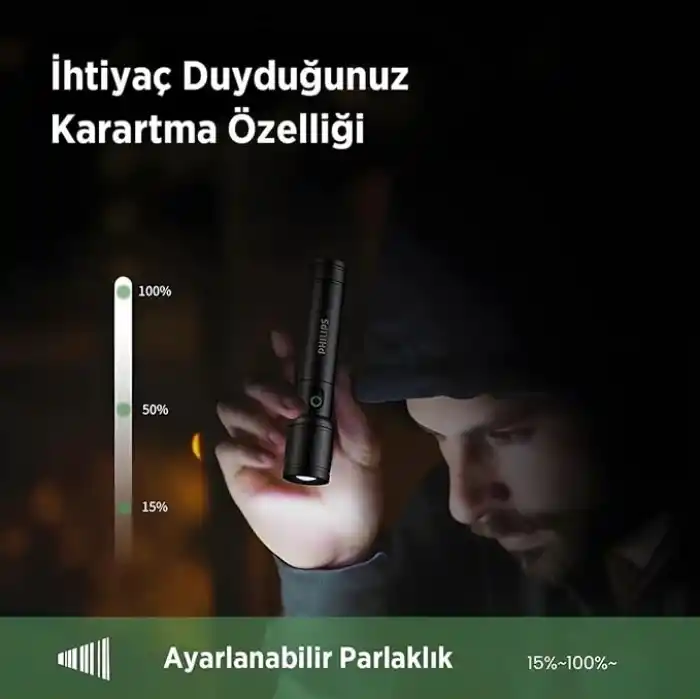Philips SFL2124 250 Lümen 5W Led El Feneri Teleskopik Zoom Sos Modlu Metal Gövdeli Şarj Edilebilir Uzun Menzilli Flashlight