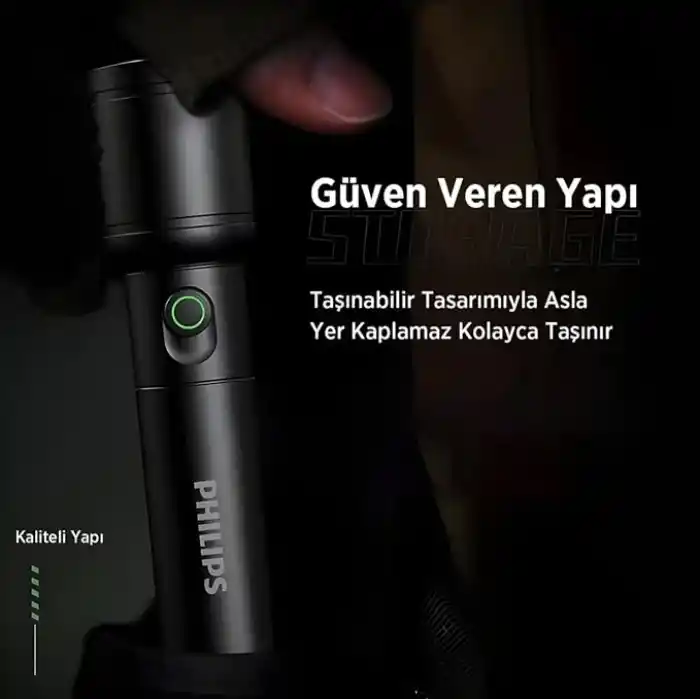 Philips SFL2124 250 Lümen 5W Led El Feneri Teleskopik Zoom Sos Modlu Metal Gövdeli Şarj Edilebilir Uzun Menzilli Flashlight
