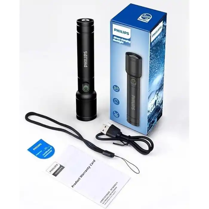 Philips SFL2124 250 Lümen 5W Led El Feneri Teleskopik Zoom Sos Modlu Metal Gövdeli Şarj Edilebilir Uzun Menzilli Flashlight