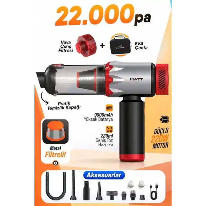 MATT MCV22 Şarjlı Araç Süpürgesi Kırmızı 22.000Pa Güçlü Vakumlu Mini El Süpürgesi Type-C Şarjlı