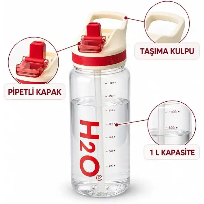 Deconox Tritan Matara 1 L, Kırılmaz Pipetli Suluk, Tek Dokunuşla Açılan Kapak, Taşıma Kulpu ve Ölçü Göstergesi, Asorti Renk