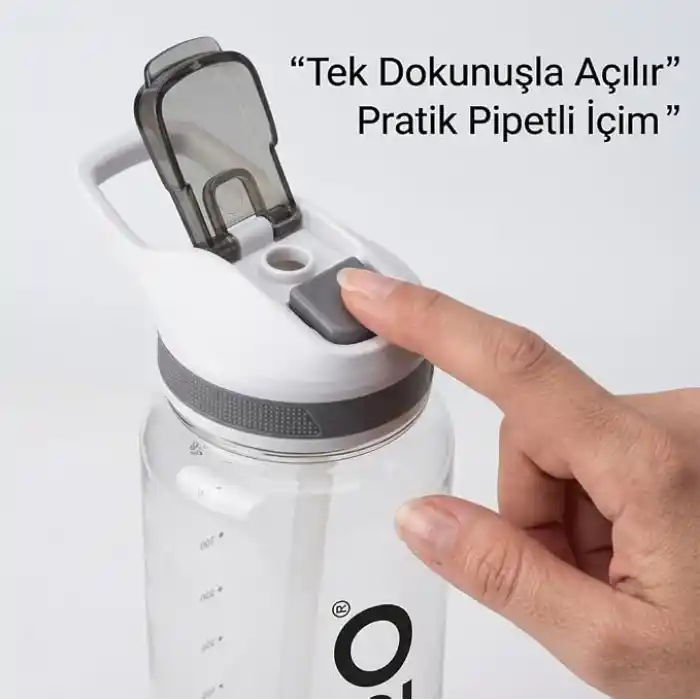 Deconox Tritan Matara 1 L, Kırılmaz Pipetli Suluk, Tek Dokunuşla Açılan Kapak, Taşıma Kulpu ve Ölçü Göstergesi, Asorti Renk