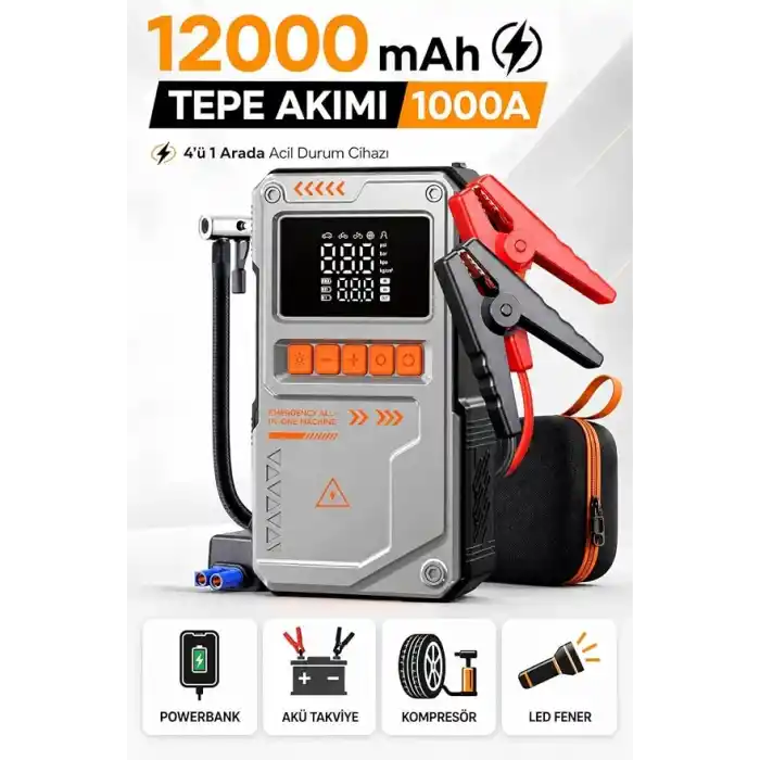 Jump Starter Auhma Akü Takviye Cihazı 12.000 mAh 4ü 1 Arada Powerbank Çantalı Hava Kompresörü 150 PSI Otomobil SUV Motosiklet Bisiklet için Gri